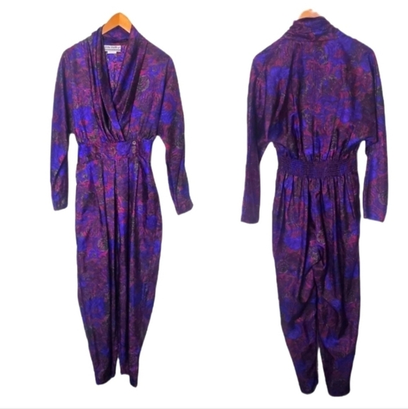 Joan Walters 80s Vintage Purple Floral Jumpsuit